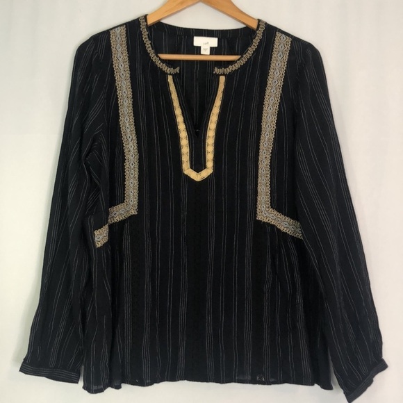 J. Jill Embroidered Popover Black Peasant Blouse Women's V-Neck Boho Size M - Picture 5 of 11